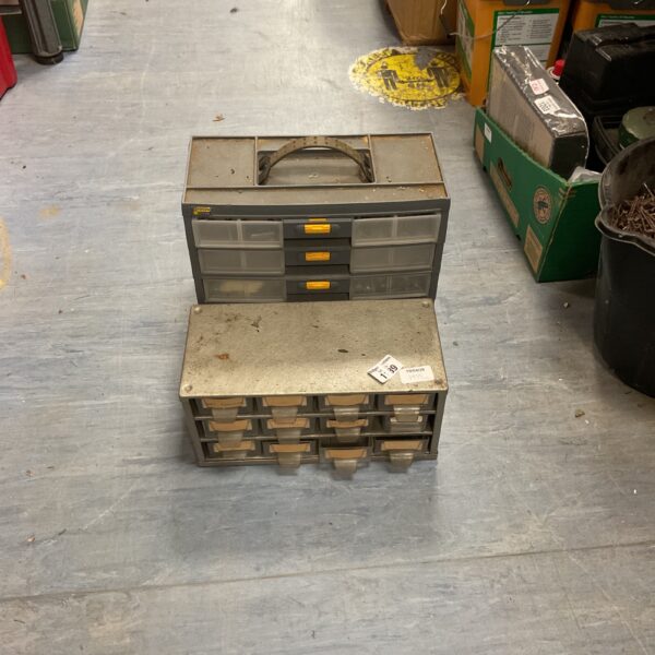 Multi-drawer plastic small parts organiser for workshop storage.