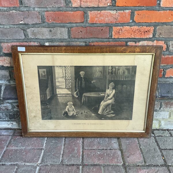 Vintage Cress Woolett print titled "A Soldier's Wife" in oak frame.