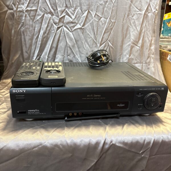 Vintage Sony SLV-E810 VCR player, front view.