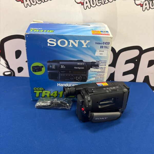 Sony TR411E 8mm camcorder in its original box, vintage video camera.
