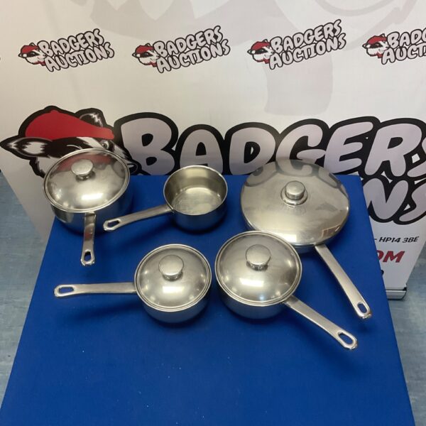 Stainless steel pot with lid, part of a cookware set.