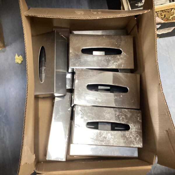 Lot of stainless steel tissue holders for bathroom or kitchen.
