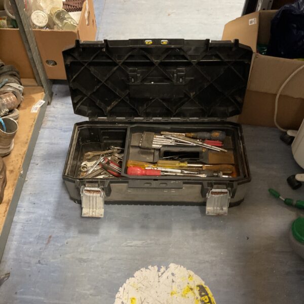 Open Stanley Fatmax toolbox with tools inside.