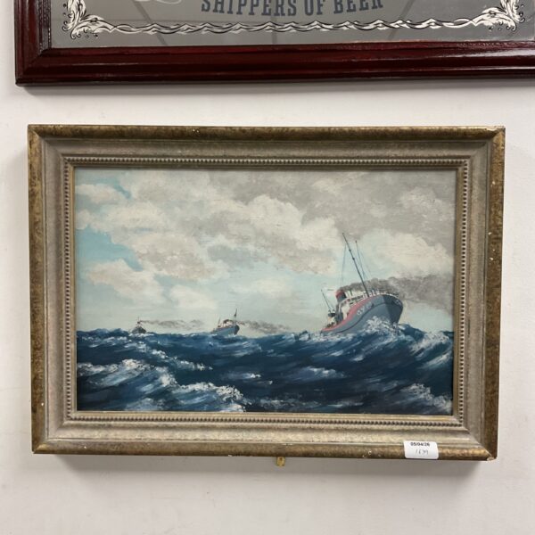 Oil painting of steam fishing trawlers in rough seas.