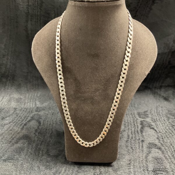 Close-up of a 20-inch sterling silver curb chain necklace.