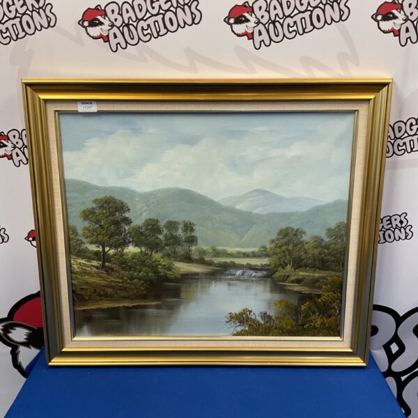 Signed T Chilton oil painting of a river wier and mountains.
