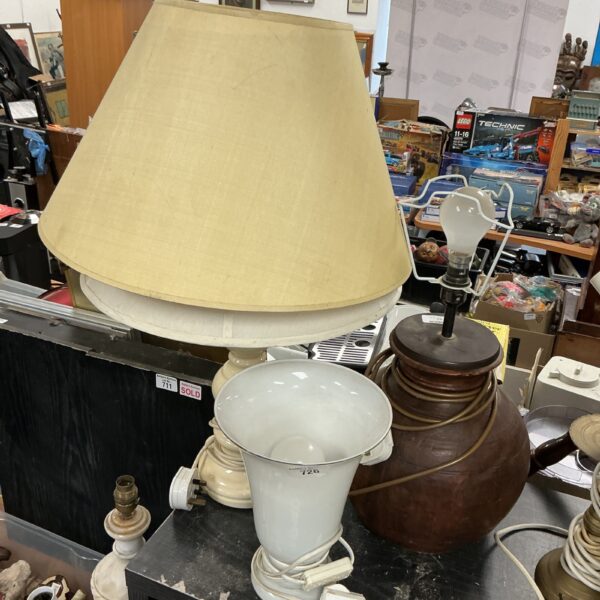 Vintage table lamps lot with white shade and glass uplighter.