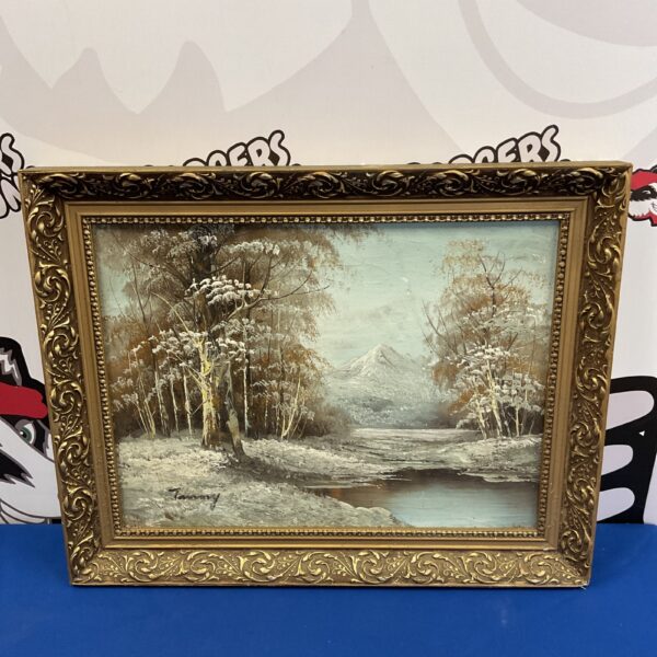 Tammy signed winter river oil painting with snowy mountains.