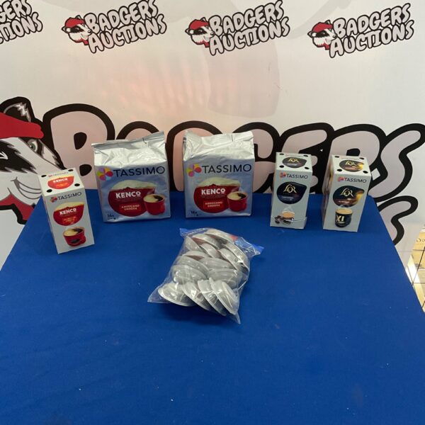 Variety of Tassimo coffee pods including Kenco and L’Or brands.