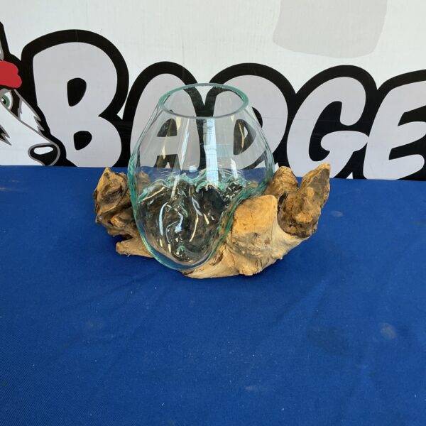 Handcrafted teak driftwood glass bowl, unique art glass centerpiece.