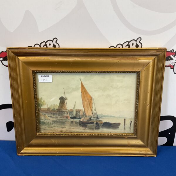 Signed 19th-century watercolour painting of a thames barge.