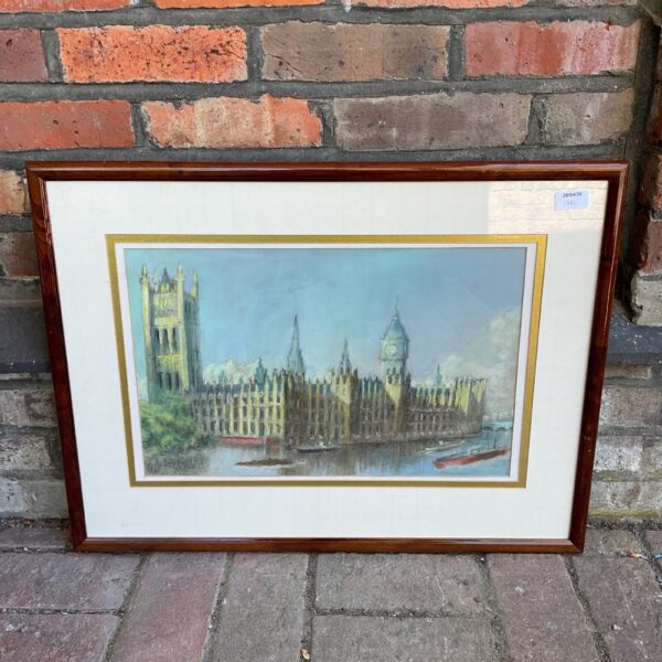 Pastel painting of the Houses of Parliament on the River Thames.