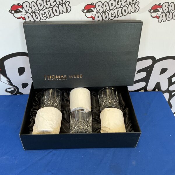 Thomas Webb crystal whiskey tumblers in presentation case.