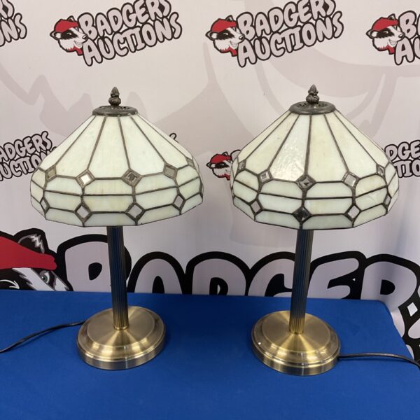 Pair of vintage Tiffany style table lamps with stained glass shades.