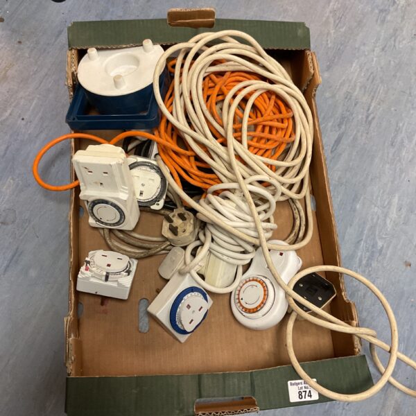 Collection of timed electrical sockets and extension cables.