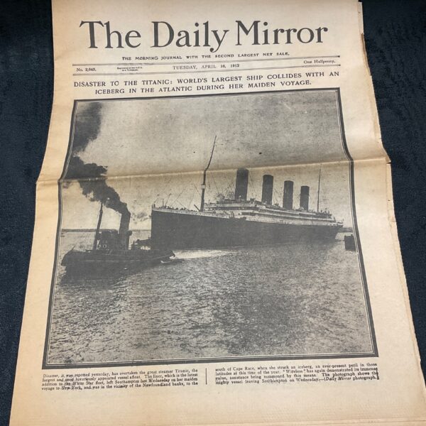 Titanic newspaper front page, Daily Mirror, April 16, 1912.