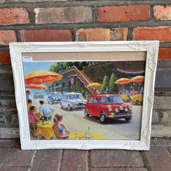 Framed Tony Smith jigsaw puzzle depicting the Italian Job Mini Coopers.