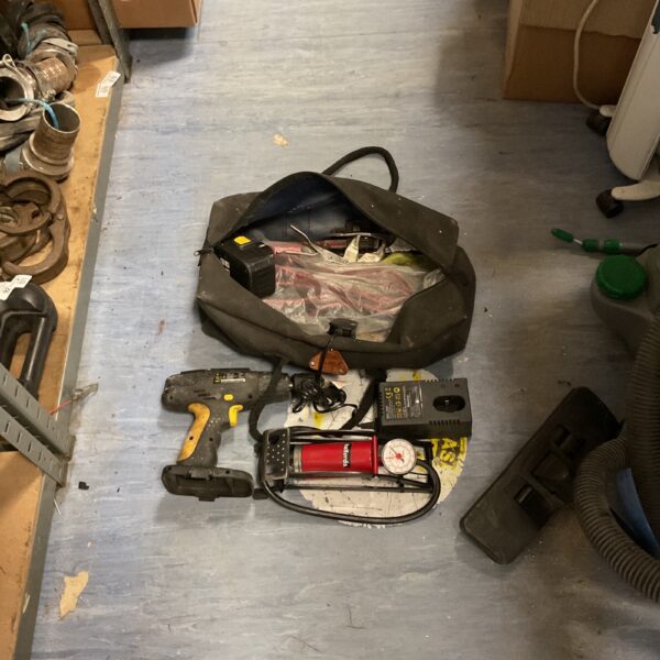 Tool lot featuring a Halfords foot pump and Mackeller power drill.