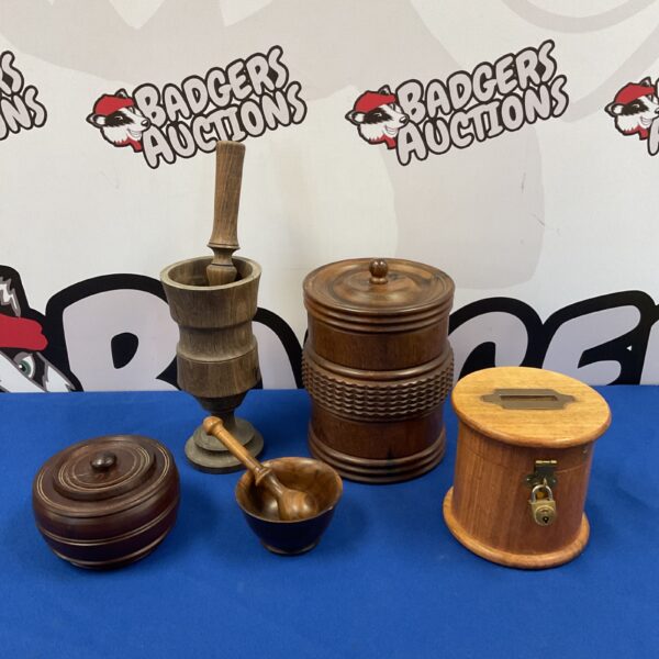 Vintage treen collection featuring wooden bowl, pot, and pestle & mortar.
