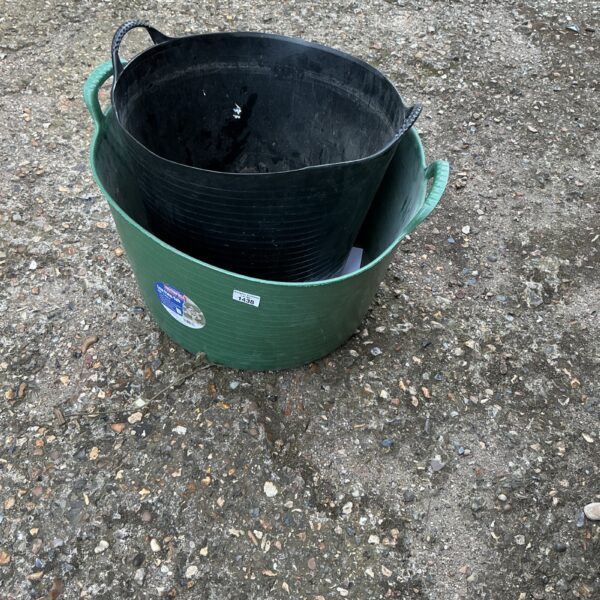 Two durable plastic rubble buckets for garden and construction use.