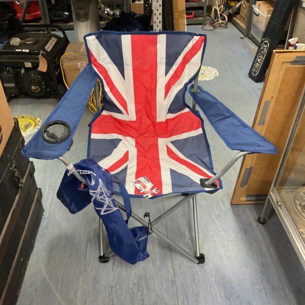Vibrant Union Jack folding camping chair for outdoor use.