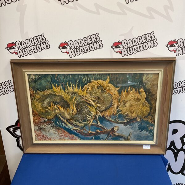 Framed Van Gogh print of four withered sunflowers, floral art.