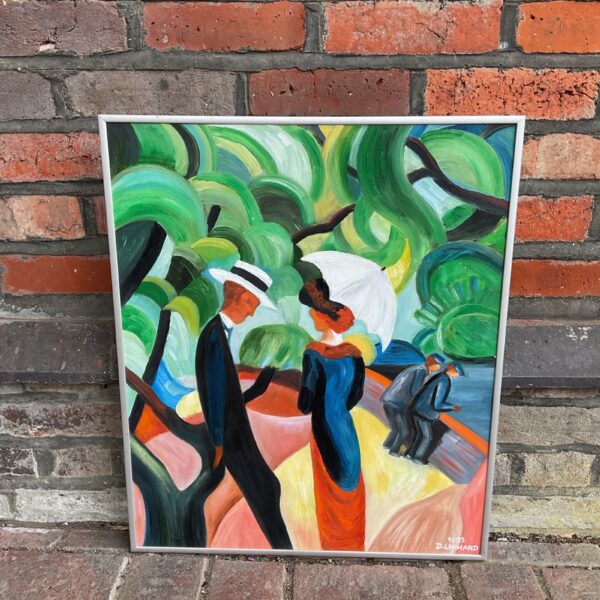 Vibrant oil painting in the style of Jack Vettriano, depicting a gentleman and lady.