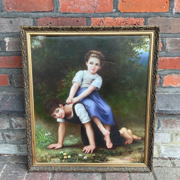 Antique Victorian painting of mother and daughter in woodland scene.