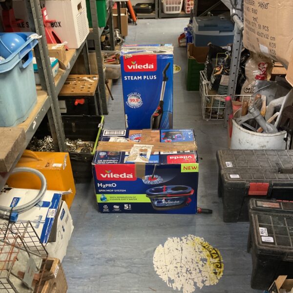 Vileda Steam Plus mop system in original packaging, cleaning supplies.
