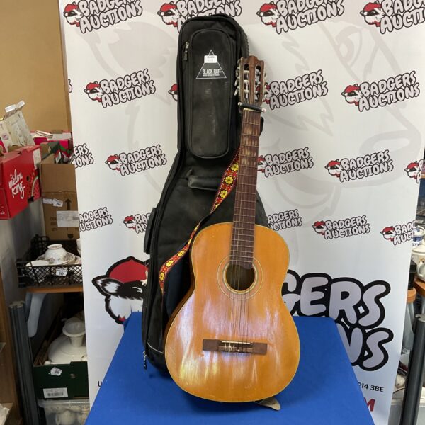 Vintage acoustic guitar with black rat case for collectors.