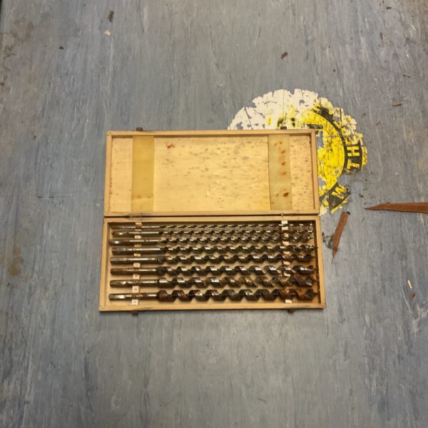 Vintage boxed set of auger drill bits for woodworking.