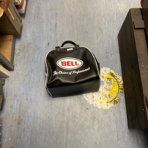 Vintage Bell helmet bag with logo, classic racing accessory.
