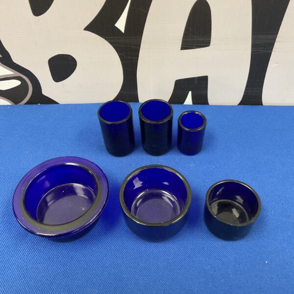 Lot of six vintage blue glass pot liners for antique collectors.