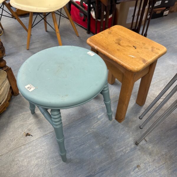 Blue painted vintage stool with wooden legs, antique farmhouse style.