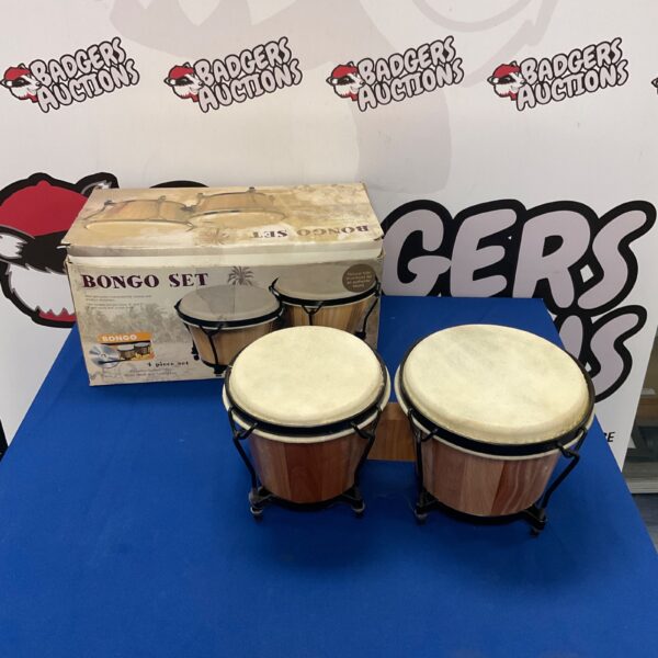 Vintage bongo drum set, traditional percussion instrument.