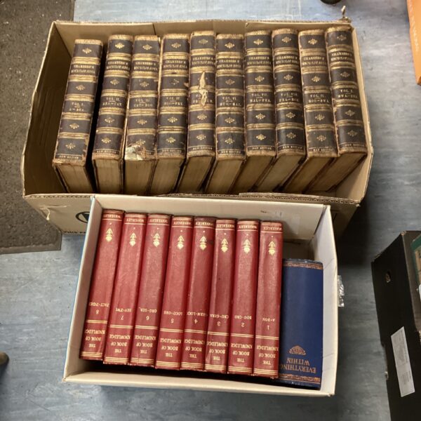 Vintage book lot featuring Chambers Encyclopedia and Book of Knowledge series.