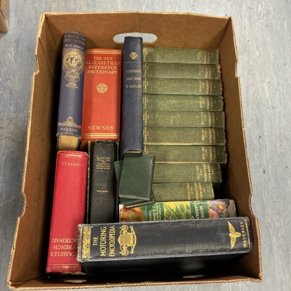 Overview of a vintage book lot with various antique books.