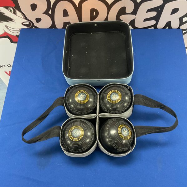 Vintage metal boules set for pétanque and outdoor games.