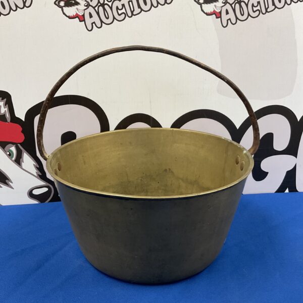 Vintage brass jam pan with wrought iron handle, antique kitchenalia.
