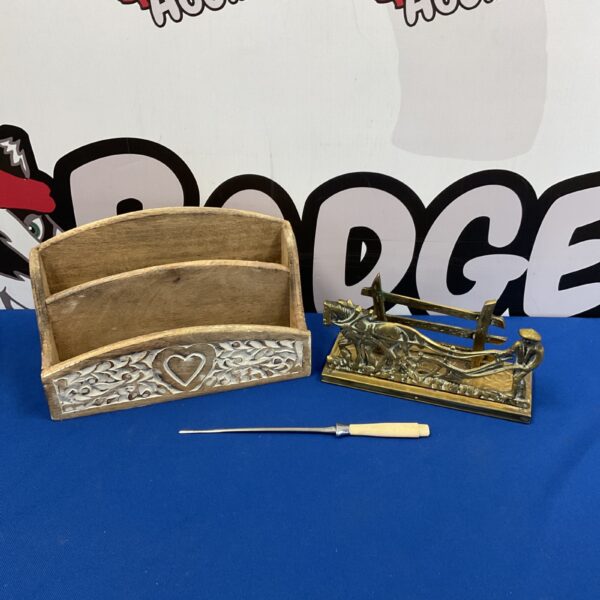 Ornate vintage brass letter rack with Kumfikut letter opener.