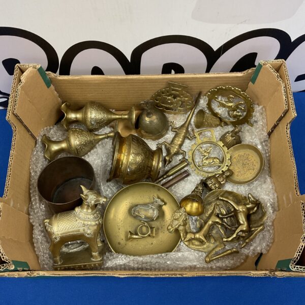 Vintage brassware tray lot with vases and animal motifs.