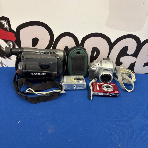 Mixed lot of vintage Canon, Fujifilm, and Vivitar cameras.