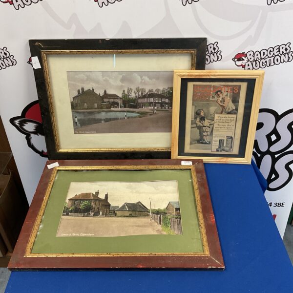 Vintage framed prints of Chippenham and a Colgate advertisement.