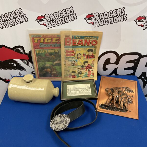 Vintage collectible lot featuring a Triumph buckle, hot water bottle, and comics.