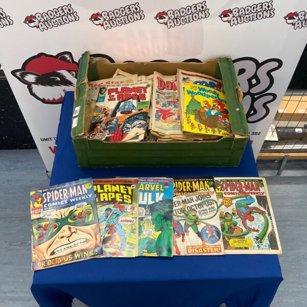 Overview of a vintage comic collection including Hulk and Spiderman comics.
