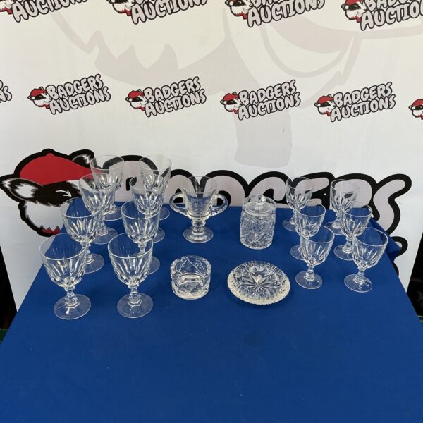 Vintage crystal glassware set with ice bucket and ash tray.