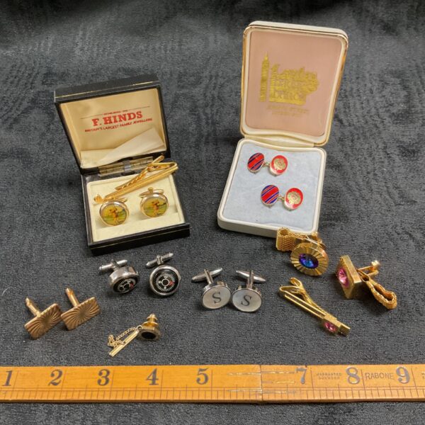 Vintage cufflinks and tie clips assortment, classic men's jewellery.