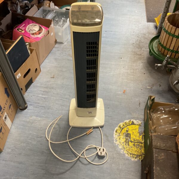 Vintage Destron Powertower tower fan in pale yellow.