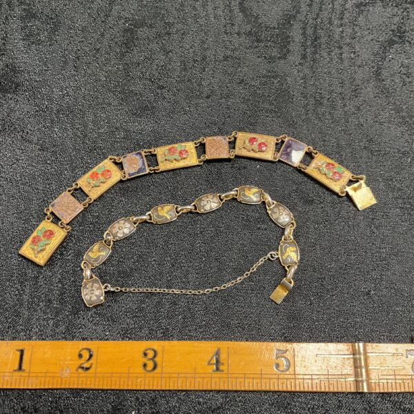 Vintage enamel bracelets with floral designs, antique jewellery lot.