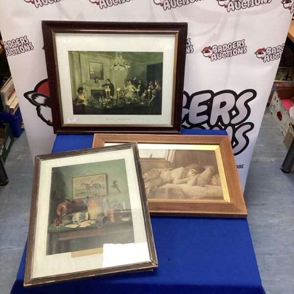 Lot of three vintage framed prints, including horse racing scene.